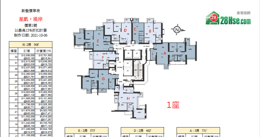 星凱堤岸 單位訂價圖 更新日期: 2021-10-06