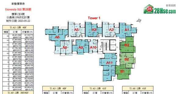 University Hill 2B期 單位訂價圖 更新日期: 2023-05-22