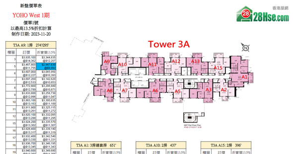 YOHO West 1期 單位訂價圖 更新日期: 2023-11-20